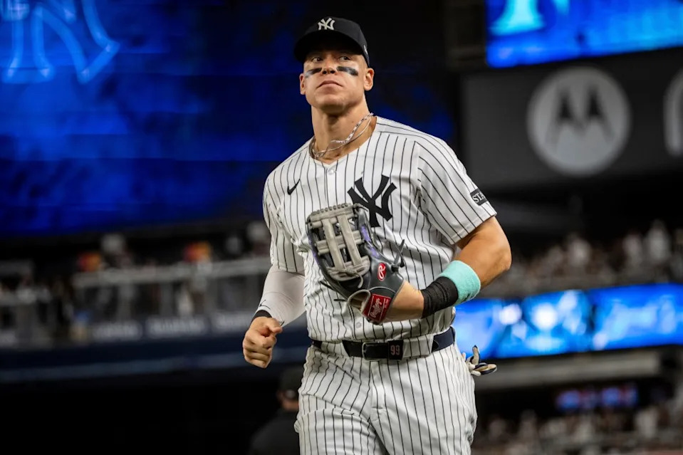 New York Yankees outfielder Aaron Judge (99) exits the field during the eighth inning of a baseball game against the Los Angeles Angels on Wednesday, June 18, 2025. AP