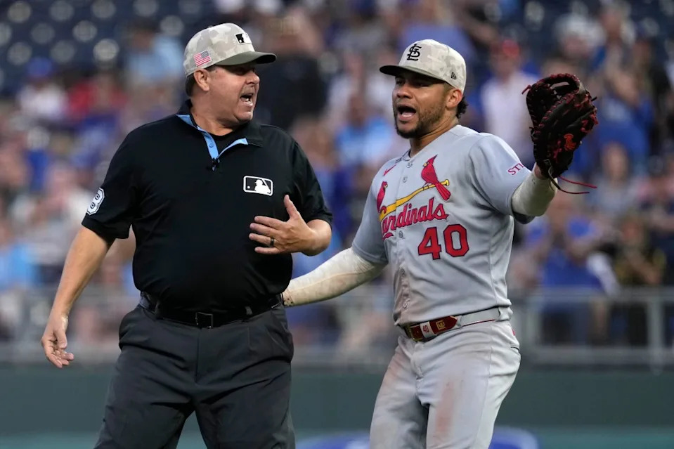 Willson Contreras #40 of the St. Louis Cardinals talks with umpire Doug Eddings after Eddings called pitcher Andre Pallante #53 of the St. Louis Cardinals with a balk in the fifth inning against the Kansas City Royals at Kauffman Stadium on May 16, 2025 Getty Images