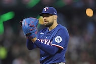 Texas Rangers pitcher Nathan Eovaldi during a baseball game against the San Francisco Giants...