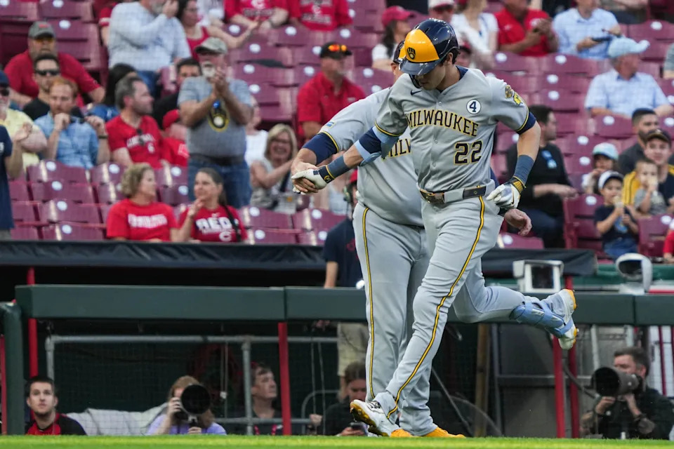 Brewers Christian Yelich (22) celebrates a third-inning home run June 2 at Great American Ball Park. Yelich's home run gave Milwaukee a 3-2 lead and it held up for the victory.