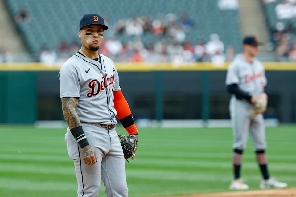 Detroit Tigers third baseman Javier Báez (28) looks on during the first inning of a baseball game against the Chicago White Sox at Rate Field in Chicago on Tuesday, June 3, 2025.