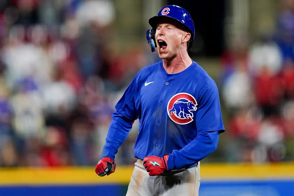 Chicago Cubs outfielder Pete Crow-Armstrong (4) celebrates while running the bases after hitting a homer in the seventh inning of an MLB National League game between the Cincinnati Reds and Chicago Cubs at Great American Ball Park in Cincinnati, Ohio.