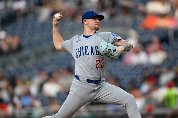 Chicago Cubs pitcher Cade Horton (22) throws during the third inning of a baseball game against the Washington Nationals in Washington, Tuesday, June 3, 2025. (AP Photo/Terrance Williams)