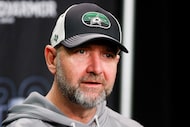 Dallas Stars head coach Pete DeBoer talks to reporters after a practice ahead of the Western...