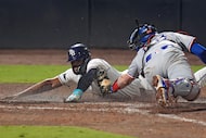Tampa Bay Rays' Junior Caminero scores the game-winning run past Texas Rangers catcher Jonah...
