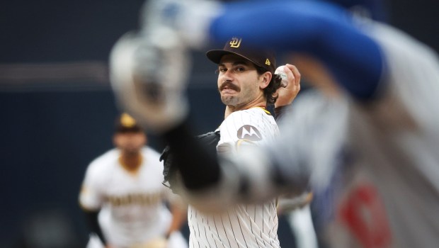 The Padres' Dylan Cease pitches against Dodgers' Shohei Ohtani on Tuesday night. (Meg McLaughlin / The San Diego Union-Tribune)