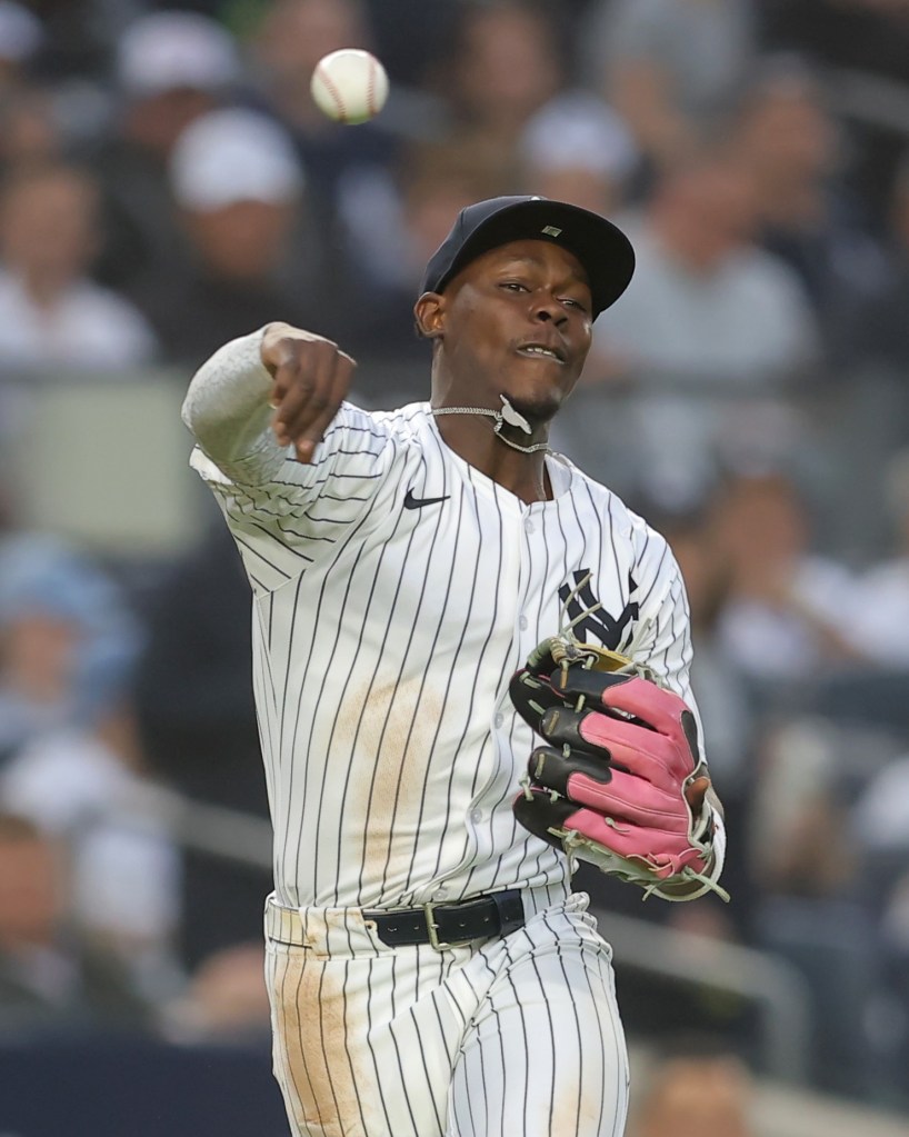 Jazz Chisholm is unable to throw out  Nolan Schanuel on a bunt single in the third inning of the Yankees' 4-0 loss to the Angels on June 17, 2025.