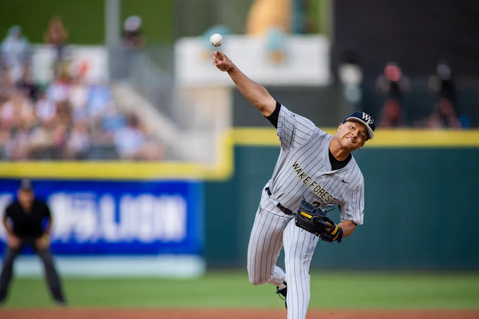 Chase Burns pitching for Wake Forest before the Reds drafted him second overall last year.