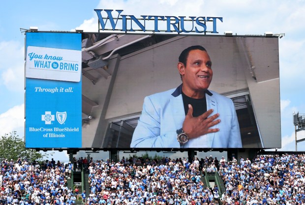 Former Cubs slugger Sammy Sosa is shown on the video...
