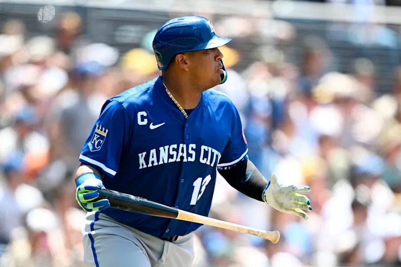 Kansas City Royals designated hitter Salvador Perez watches the flight of his two-run home run during the sixth inning of a Sunday, June 22, 2025 game against the Padres at Petco Park in San Diego.