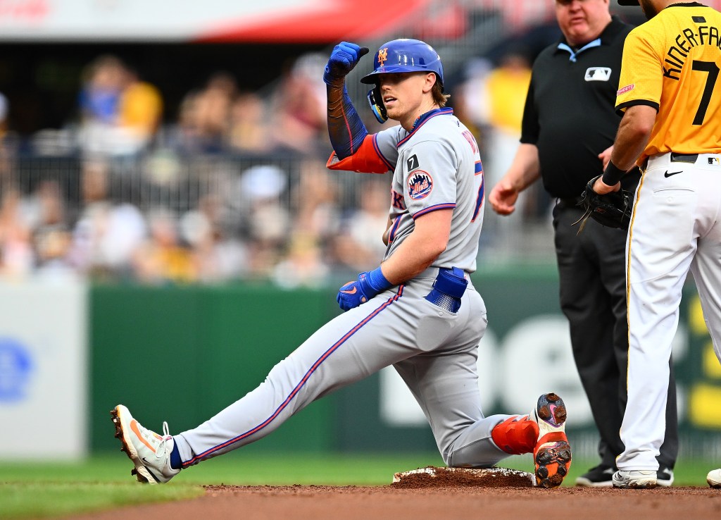 Brett Baty reacts after hitting a double in the second inning of the Mets' loss to the Pirates.