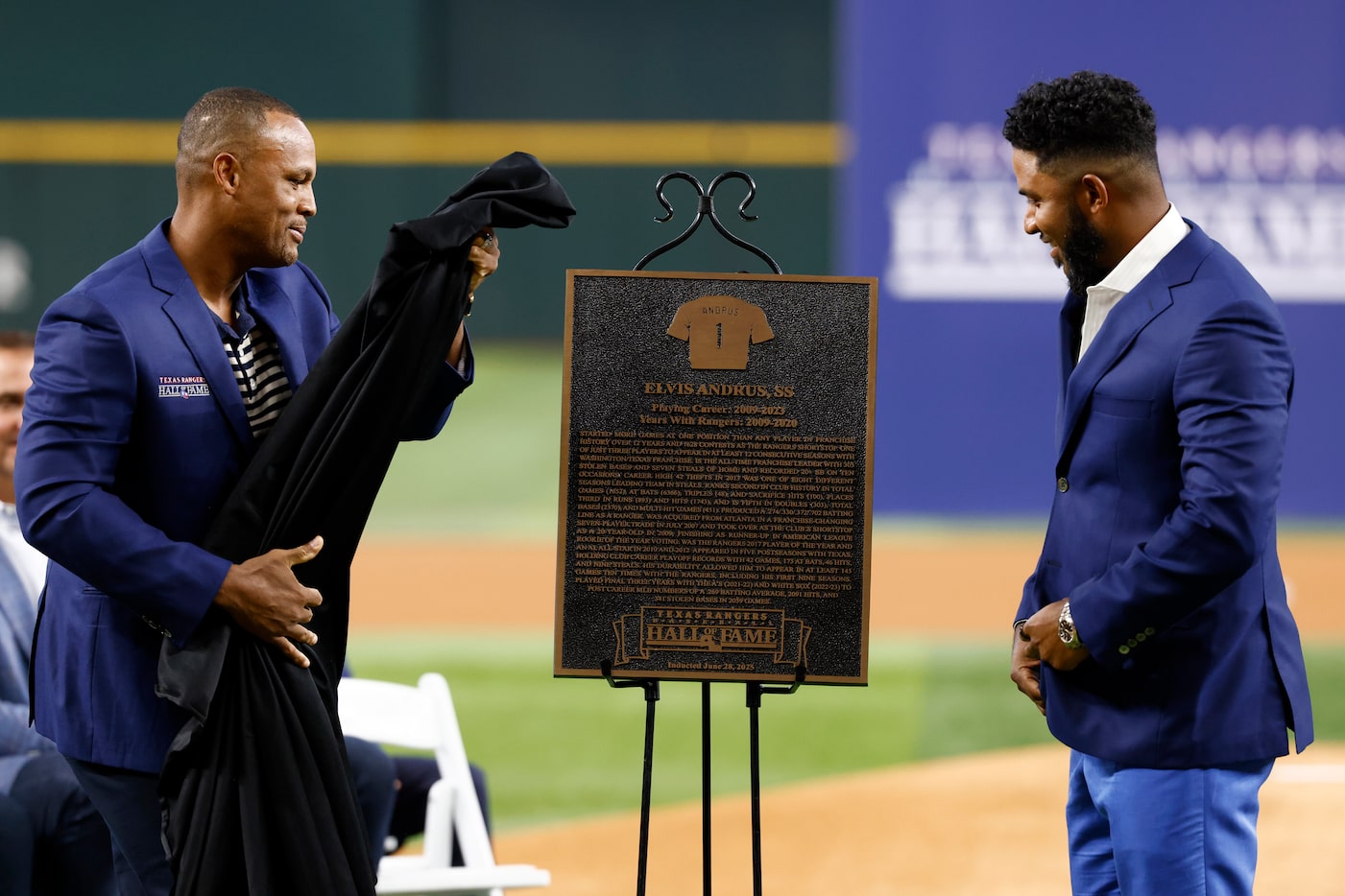 Former Texas Rangers third baseman Adrián Beltré (left) unveils Elvis Andrus Texas Rangers...
