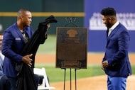 Former Texas Rangers third baseman Adrián Beltré (left) unveils Elvis Andrus Texas Rangers...