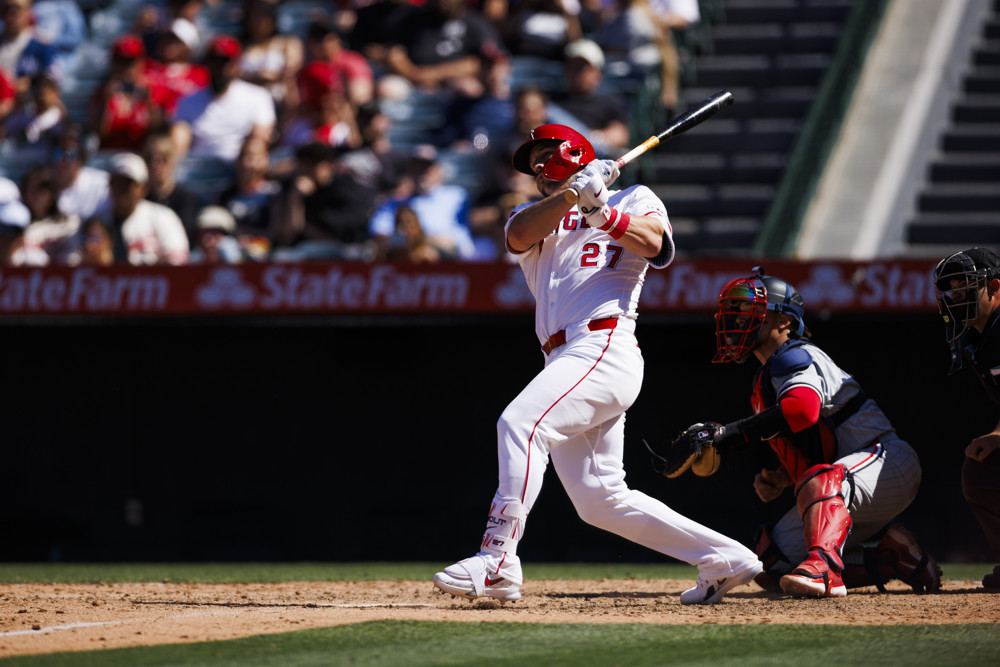 ANAHEIM, CA - APRIL 28: Los Angeles Angels outfielder Mike Trout (27) swings during an MLB baseball game against the Minnesota Twins on April 28, 2024 at Angel Stadium in Anaheim, CA. (Photo by Ric Tapia/Icon Sportswire)