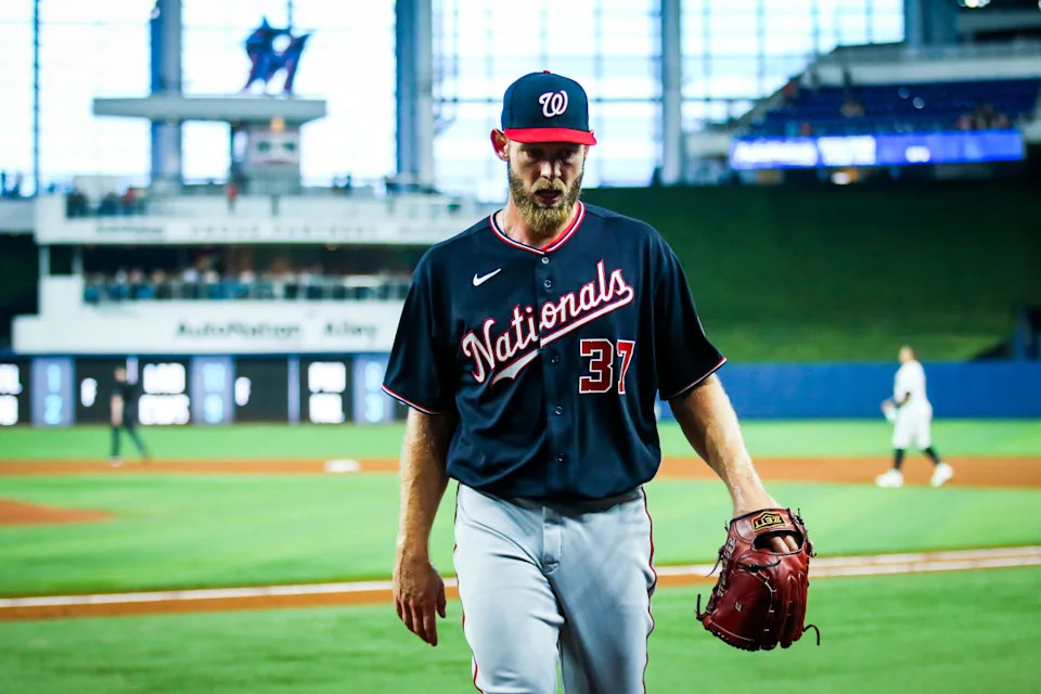 MIAMI, FL - JUNE 09: Stephen Strasburg #37 of the Washington Nationals walks off of the mound after the first inning during the game between the Washington Nationals and the Miami Marlins at loanDepot park on Thursday, June 9, 2022 in Miami, Florida. (Photo by Kelly Gavin/MLB Photos via Getty Images)Kelly Gavin/Getty Images