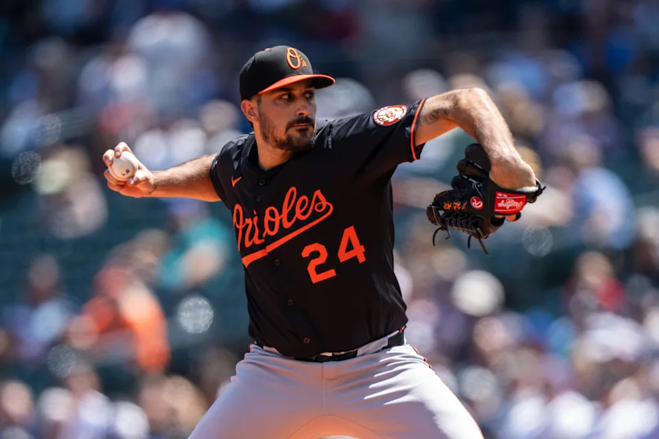 Baltimore Orioles starter Zach Eflin (24) delivers a pitch during the first inning against the Seattle Mariners at T-Mobile ParkStephen Brashear-Imagn Images