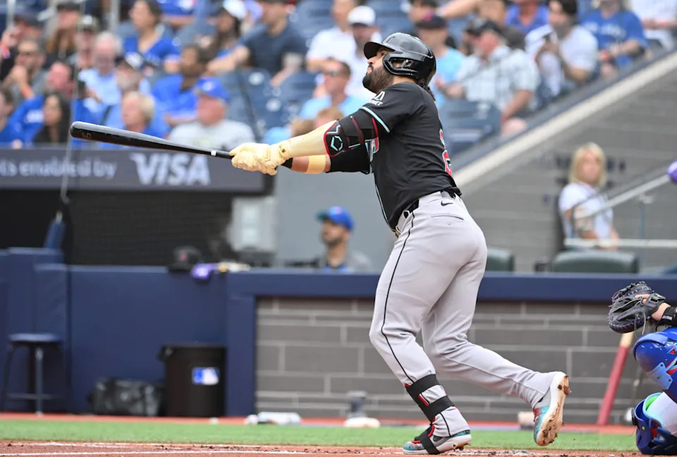 Arizona Diamondbacks third baseman Eugenio Suarez (28) hits a two run home run against the Toronto Blue Jays in the second inning at Rogers Centre.Dan Hamilton - Imagn Images