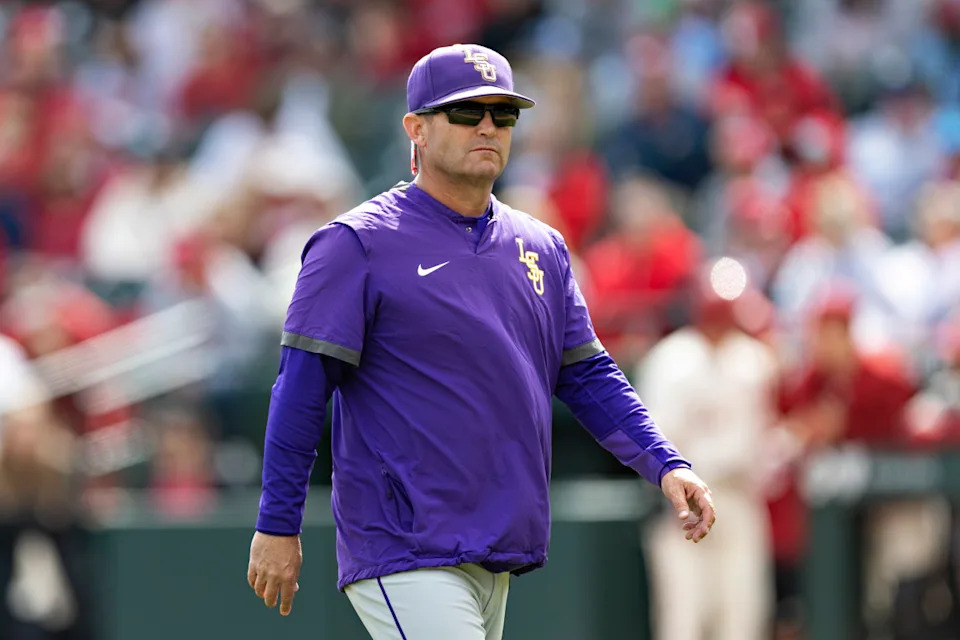 FAYETTEVILLE, ARKANSAS - APRIL 16: Head Coach Jay Johnson of the LSU Tigers walks to the dugout during a game against the Arkansas Razorbacks at Baum-Walker Stadium at George Cole Field on April 16, 2022 in Fayetteville, Arkansas. The Razorbacks defeated the Tigers 6-2. (Photo by Wesley Hitt/Getty Images)Wesley Hitt&sol;Getty Images