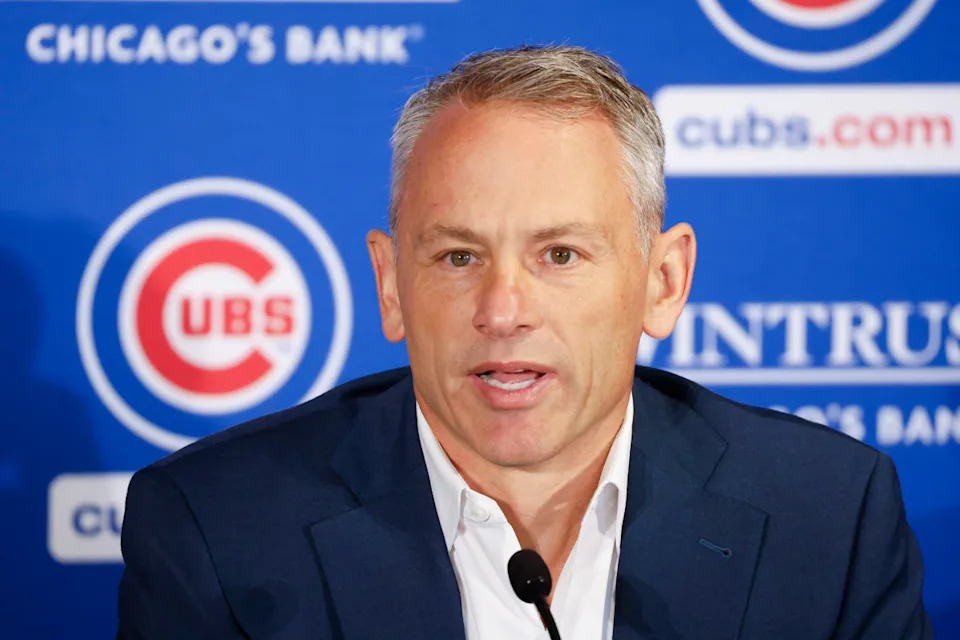 Chicago Cubs president of baseball operations Jed Hoyer speaks before introducing Craig Counsell as new Cubs manager during a press conference in Chicago. Kamil Krzaczynski-Imagn Images