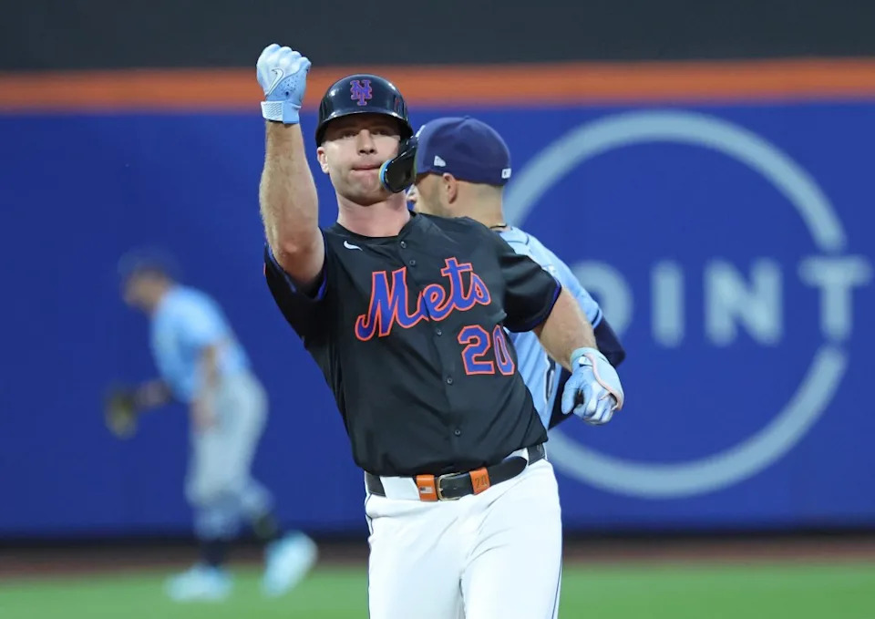 New York Mets first baseman Pete Alonso reacts after hitting a double in the fourth inning. Charles Wenzelberg / New York Post
