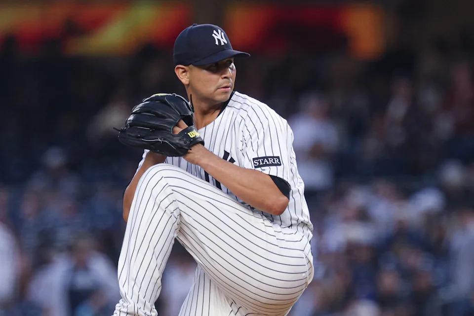 Veteran starting pitcher Carlos Carrasco pitches for the New York Yankees at Yankee Stadium in 2025.Vincent Carchietta-Imagn Images