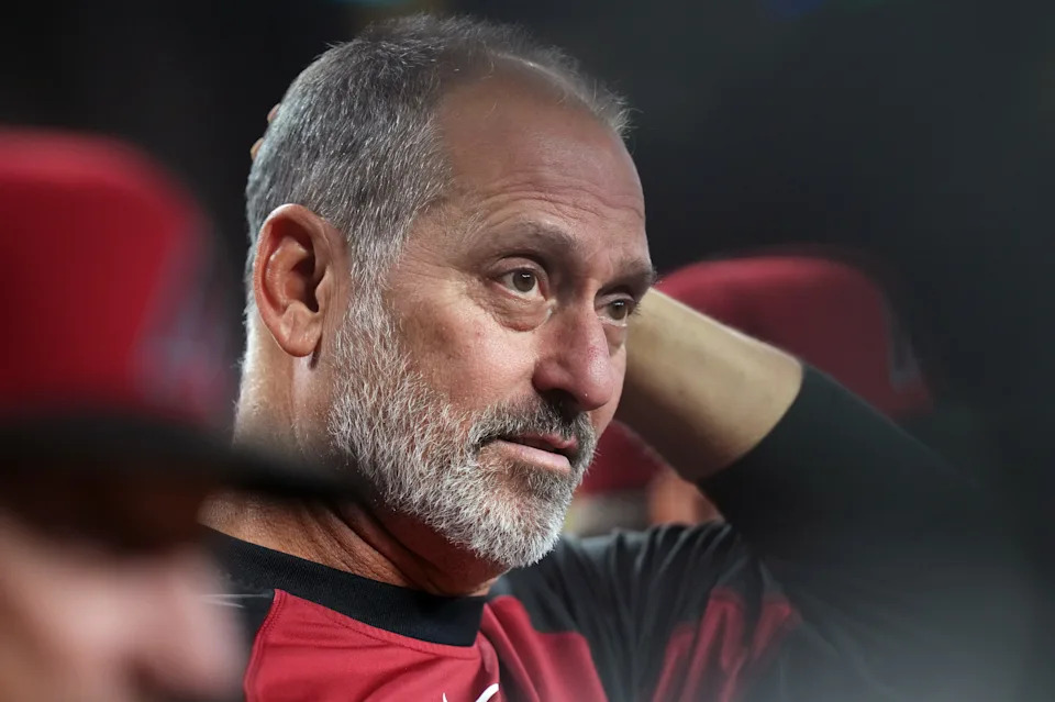 Arizona Diamondbacks manager Torey Lovullo reacts after a bat flies out of the hands of James McCann (8) while at the plate against the Miami Marlins at Chase Field in Phoenix, on June 28, 2025.