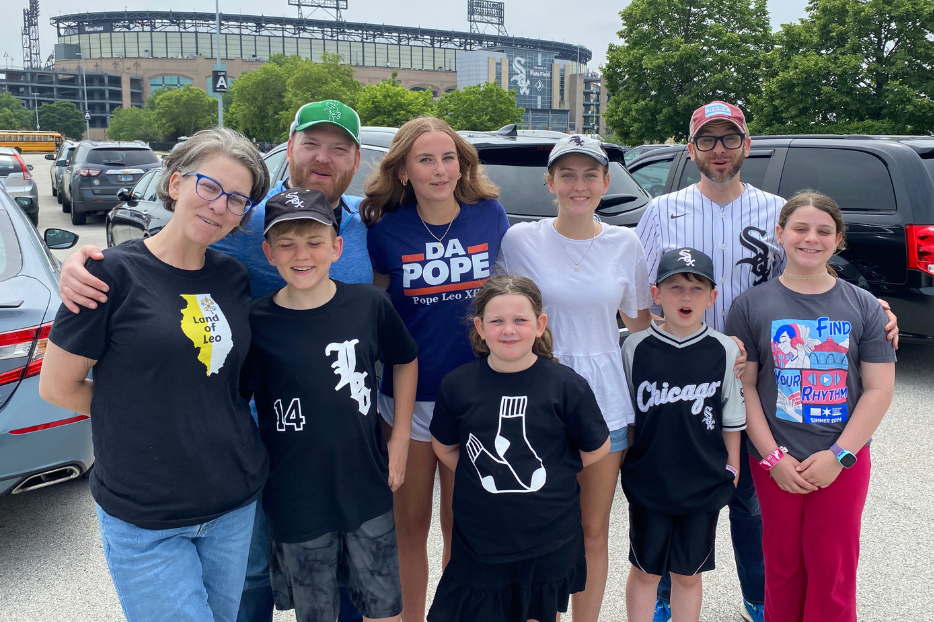 Veronica Herr, far left, and her family sport several customized shirts celebrating Pope Leo’s connection to the White Sox and Chicago as they prepare to attend an afternoon celebrating the American pope at Rate Field in Chicago on June 14. Photo by Jonathan Liedl/National Catholic Register