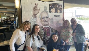 Fans of the Chicago White Sox — and Pope Leo XIV — lined up on June 14, 2025, to take photos of themselves in front of a display the White Sox created at Rate Field commemorating then Father Robert Prevost’s attendance of the team’s World Series game in 2005.