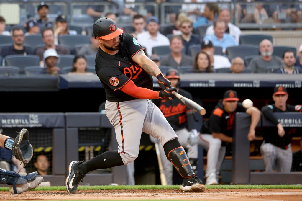 Baltimore Orioles catcher Gary Sánchez (99) hits a two-run RBI single during the first inning when the New York Yankees played the Baltimore Orioles Friday, June 20, 2025 at Yankee Stadium in the Bronx, NY. 