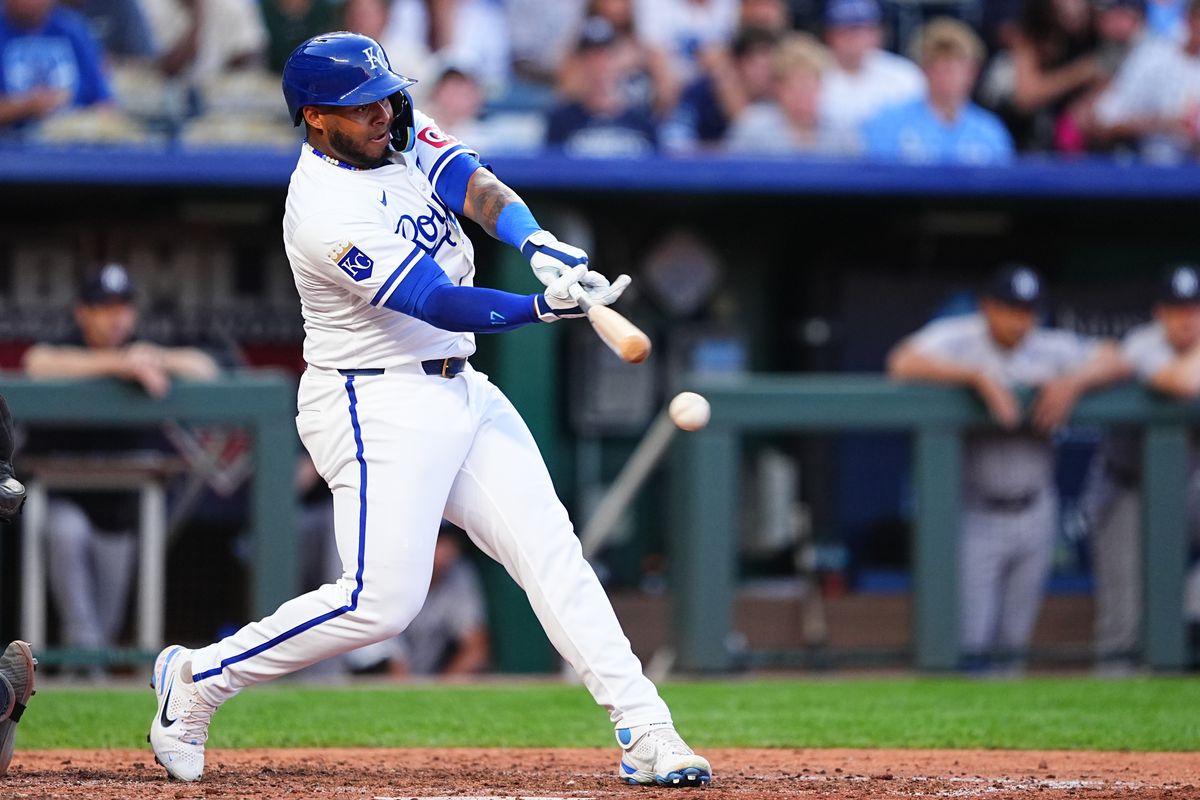 Nelson Velázquez #17 of the Kansas City Royals connects with a New York Yankees pitch during the fourth inning at Kauffman Stadium on June 12, 2024 in Kansas City, Missouri.