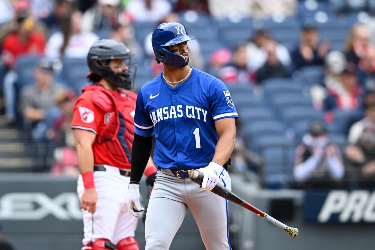 MJ Melendez #1 of the Kansas City Royals reacts after striking out during the ninth inning against the Cleveland Guardians at Progressive Field on April 13, 2025 in Cleveland, Ohio.