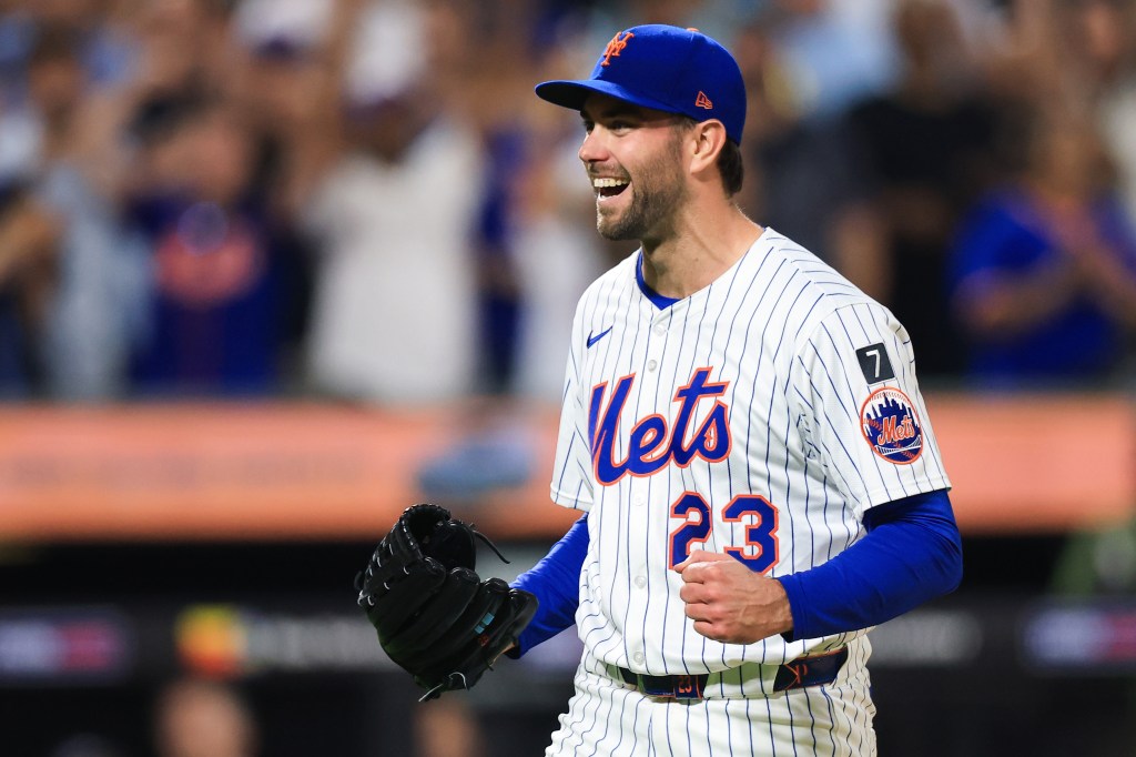 David Peterson #23 of the New York Mets reacts after recording the final out of a complete game shutout defeating the Washington Nationals 5-0 in the game at Citi Field on June 11, 2025 in New York City.
