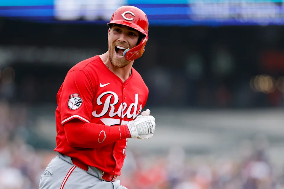 Tyler Stephenson celebrates his fifth-inning grand slam Saturday in Detroit. Stephenson's slam was part of the Reds' six-run fifth inning that gave them a 7-1 lead.