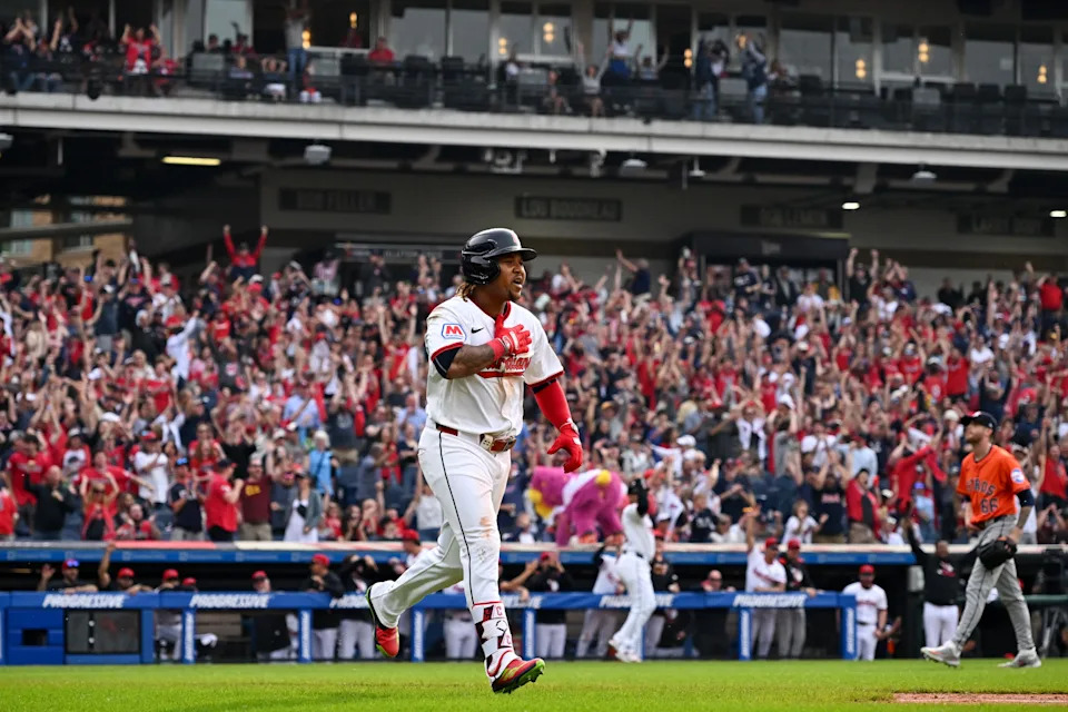 CLEVELAND, OHIO - JUNE 07: JosÃ© RamÃ­rez #11 of the Cleveland Guardians celebrates hitting a two-run home run during the seventh inning against the Houston Astros at Progressive Field on June 07, 2025 in Cleveland, Ohio. (Photo by Nick Cammett/Getty Images)
