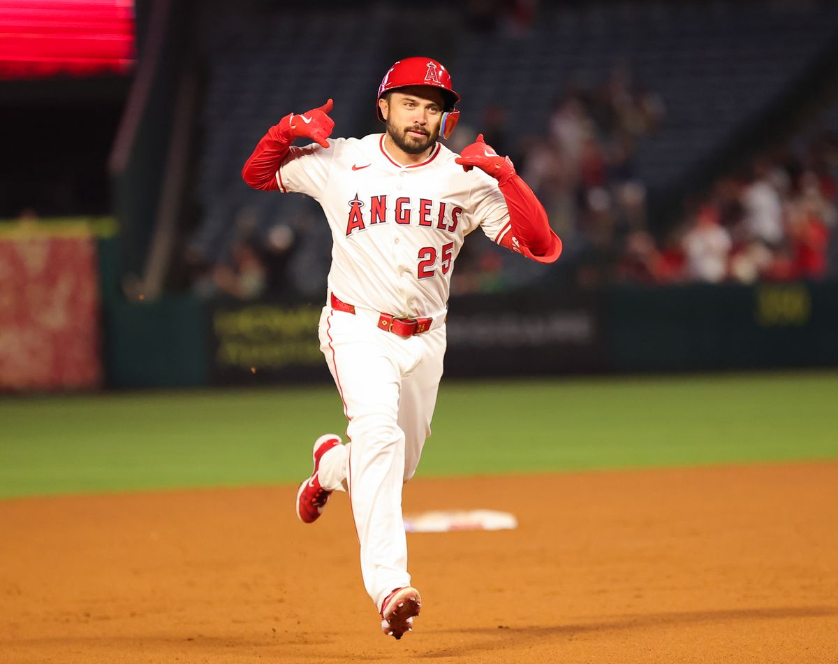 Los Angeles Angels catcher #25 Travis d'Arnaud celebrates hitting a home run during an MLB game against the Las Vegas Athletics on June 10, 2025 in Anaheim, CA.