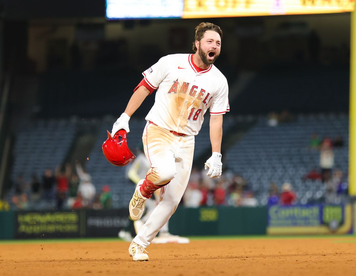 Los Angeles Angels infielder #18 Nolan Schanuel celebrates a game winning base hit during an MLB game against the Las Vegas Athletics on June 10, 2025 in Anaheim, CA.