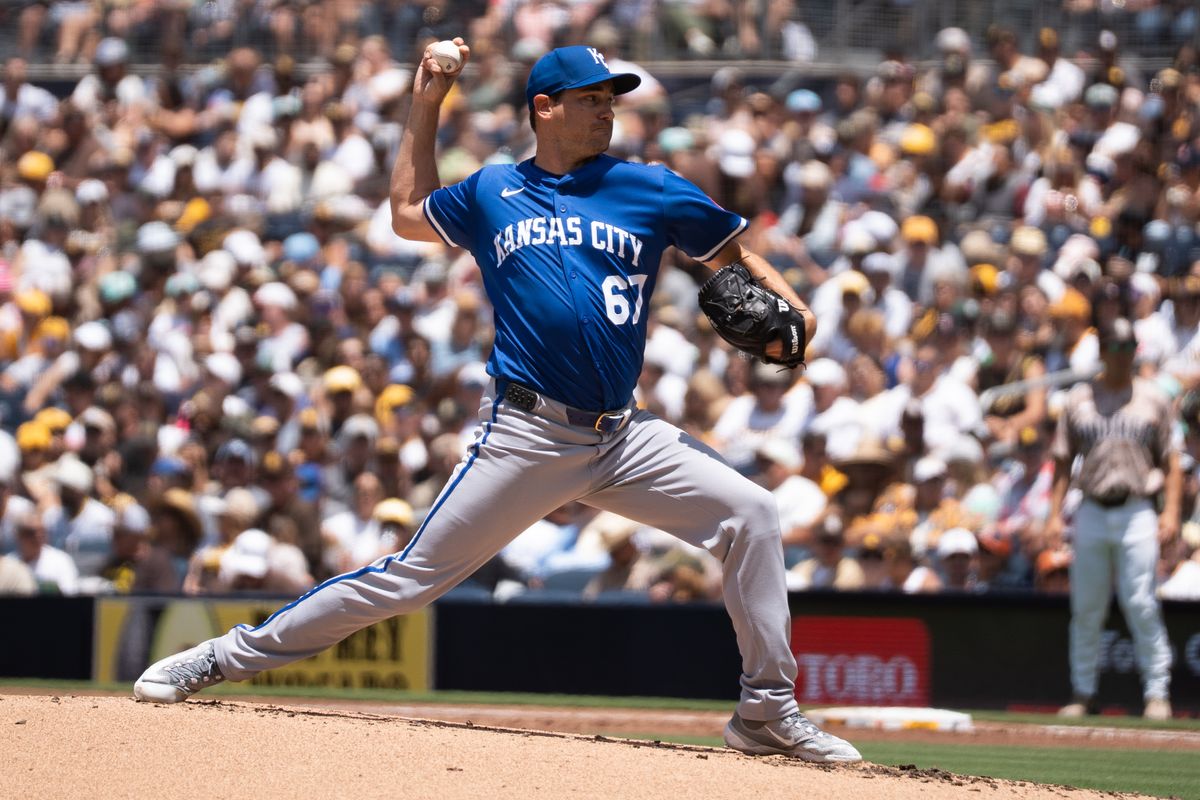 Kansas City Royals pitcher Seth Lugo (67) throws a pitch during an MLB game against the San Diego Padres on June 22, 2025 at Petco Park in San Diego, CA.