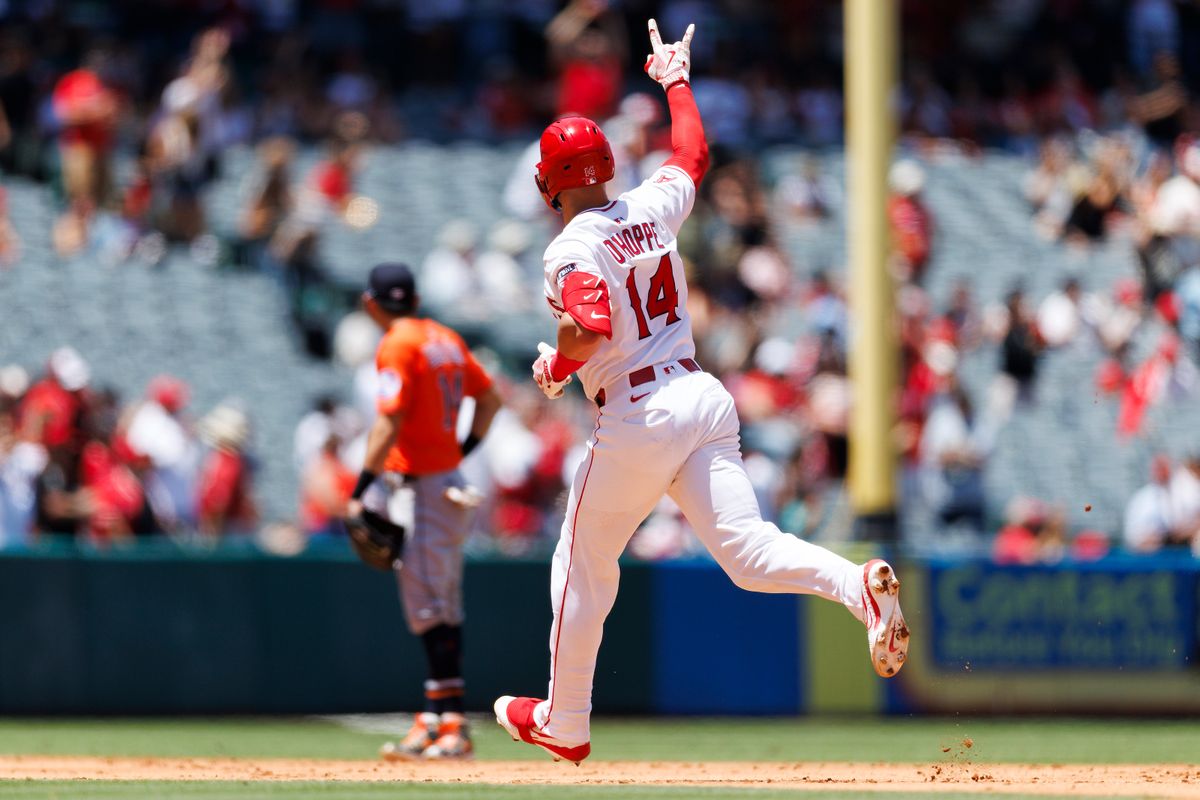 Logan O’Hoppe #14 of the Los Angeles Angels celebrates a home run during the game against the Houston Astros at Angel Stadium of Anaheim on June 22, 2025 in Anaheim, California. 
