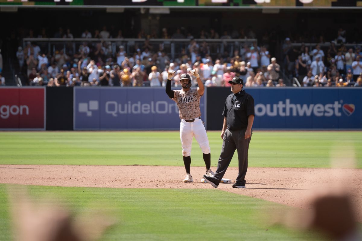 San Diego Padres shortstop Xander Bogaerts (2) celebrates after a hit during an MLB game against the Kansas City Royals on June 22, 2025 at Petco Park in San Diego, CA.