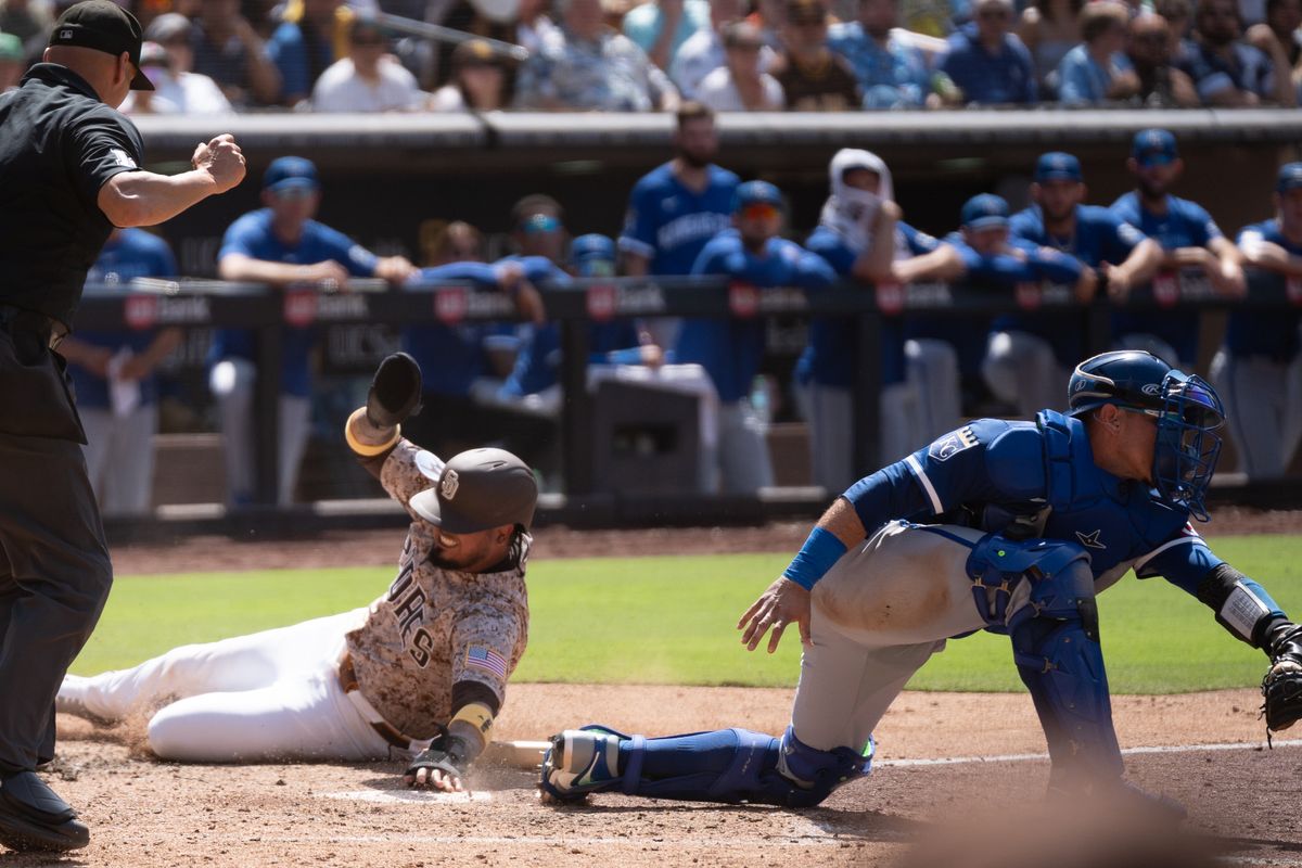 San Diego Padres infielder Luis Arraez (3) scores a run in the ninth inning during an MLB game against the Kansas City Royals on June 22, 2025 at Petco Park in San Diego, CA.