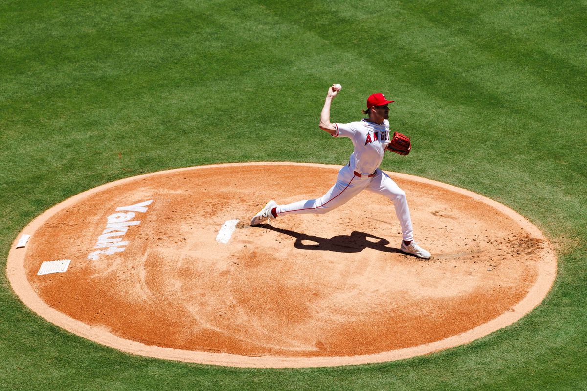 Jack Kochanowicz #41 of the Los Angeles Angels pitches during the game against the Washington Nationals at Angel Stadium of Anaheim on June 29, 2025 in Anaheim, California. 