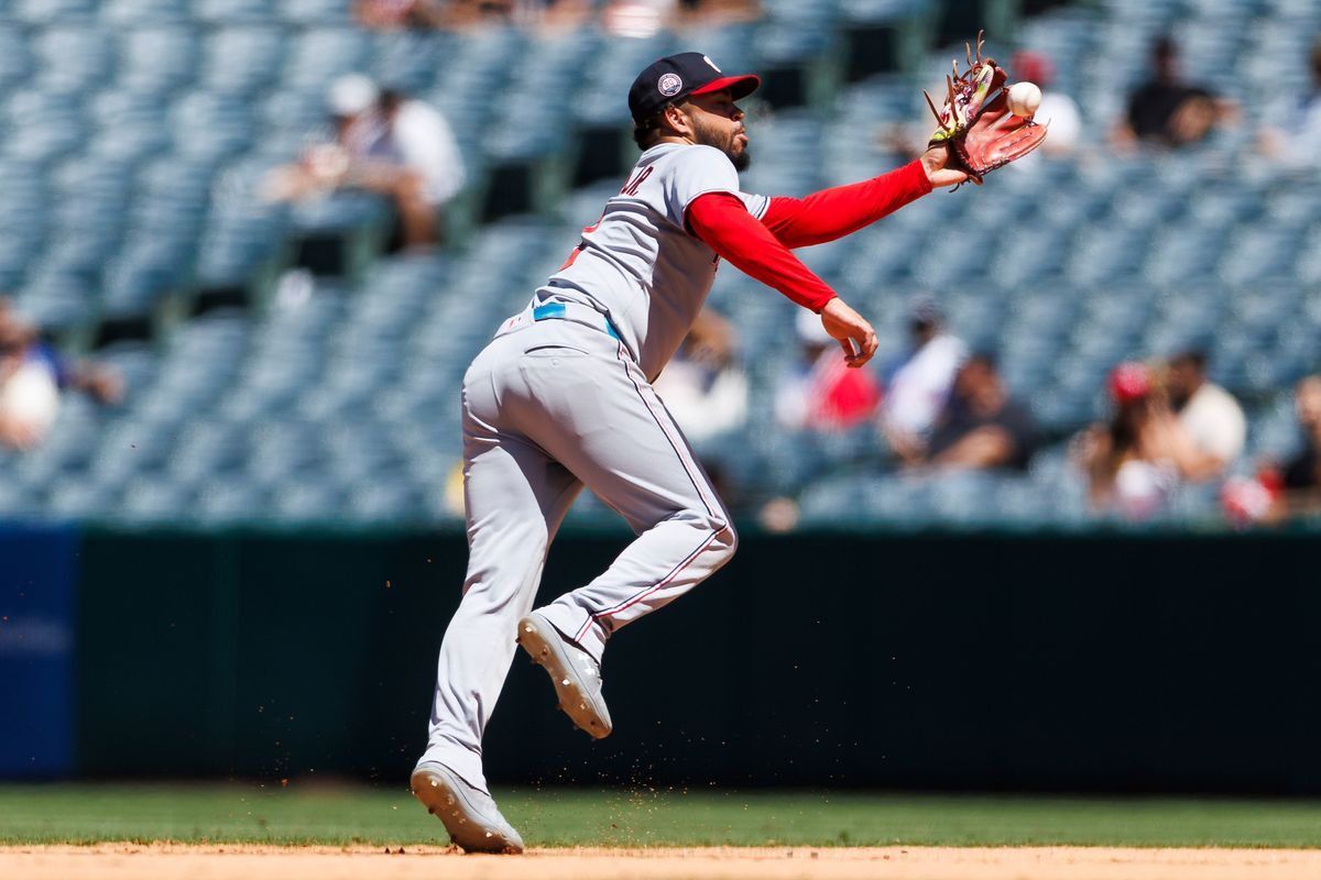  Luis García Jr. #2 of the Washington Nationals catches a fly ball during the game against the Los Angeles Angels at Angel Stadium of Anaheim on June 29, 2025 in Anaheim, California. 