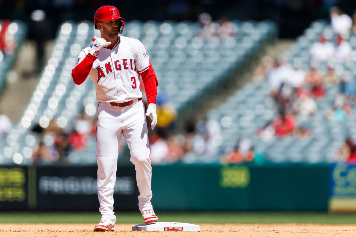Taylor Ward #3 of the Los Angeles Angels celebrates during the game against the Washington Nationals at Angel Stadium of Anaheim on June 29, 2025 in Anaheim, California. 