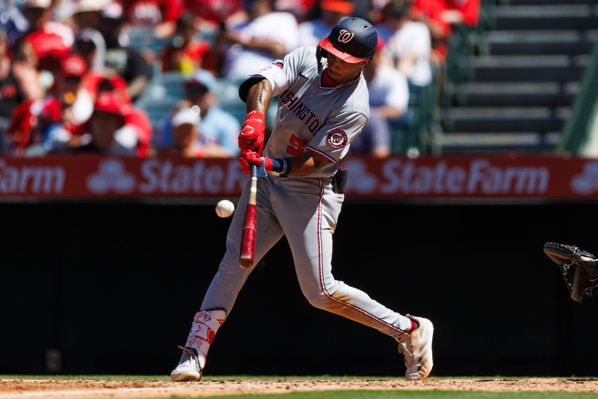 Daylen Lile #51 of the Washington Nationals hits the ball during the game against the Los Angeles Angels at Angel Stadium of Anaheim on June 29, 2025 in Anaheim, California. 