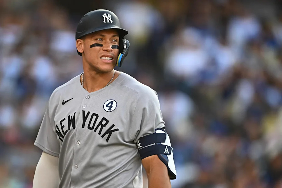 New York Yankees outfielder Aaron Judge reacts after striking against the Los Angeles Dodgers during the sixth inning at Dodger Stadium.Jonathan Hui-Imagn Images