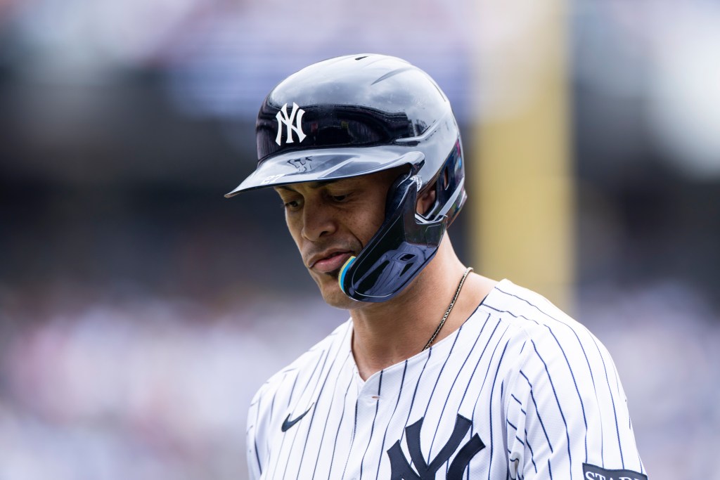 Giancarlo Stanton reacts during the Yankees-A's game on June 28, 2025.