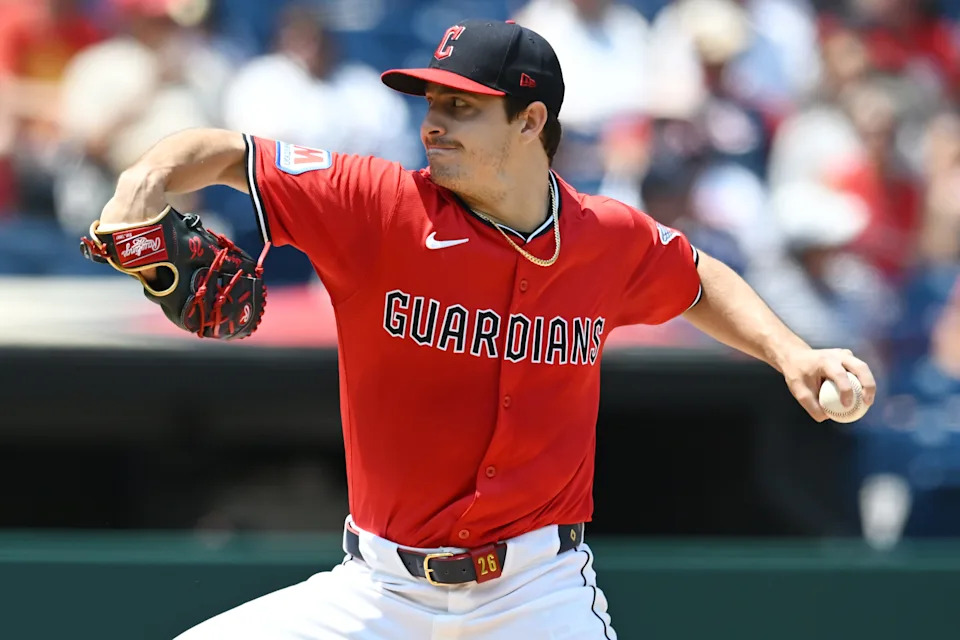 Jun 11, 2025; Cleveland, Ohio, USA; Cleveland Guardians starting pitcher Logan Allen (26) throws a pitch during the first inning against the Cincinnati Reds at Progressive Field. Mandatory Credit: Ken Blaze-Imagn Images
