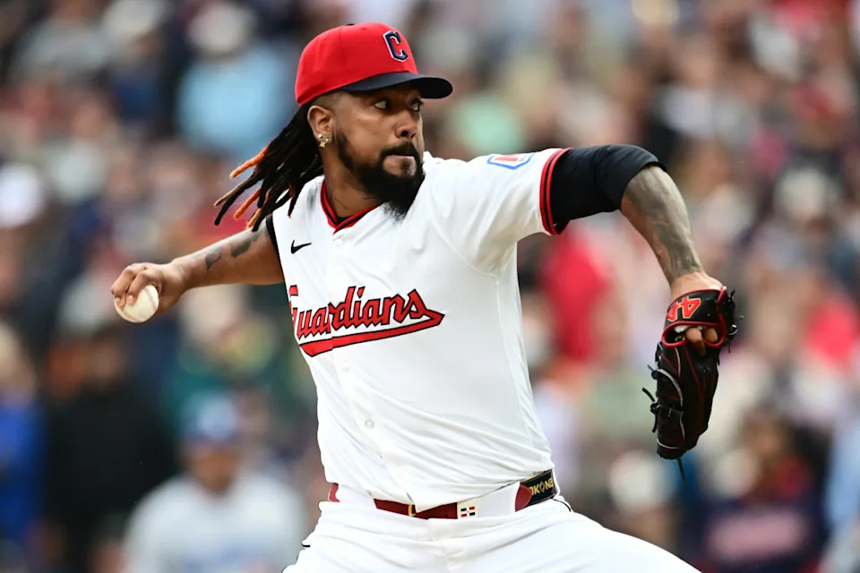 May 28, 2025; Cleveland, Ohio, USA; Cleveland Guardians relief pitcher Emmanuel Clase (48) throws a pitch during the ninth inning against the Los Angeles Dodgers at Progressive Field.Ken Blaze-Imagn Images