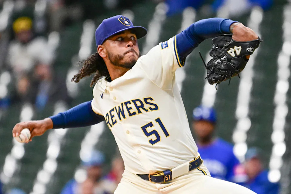 Milwaukee Brewers pitcher Freddy Peralta (51) pitches in the first inning against the Kansas City Royals at American Family Field. Benny Sieu-Imagn Images