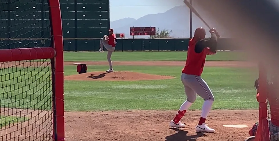 Chase Burns, throwing batting practice  in February during his first big-league spring training, is scheduled to make his major league debut against the New York Yankees on Tuesday, June 24 at Great American Ball Park.